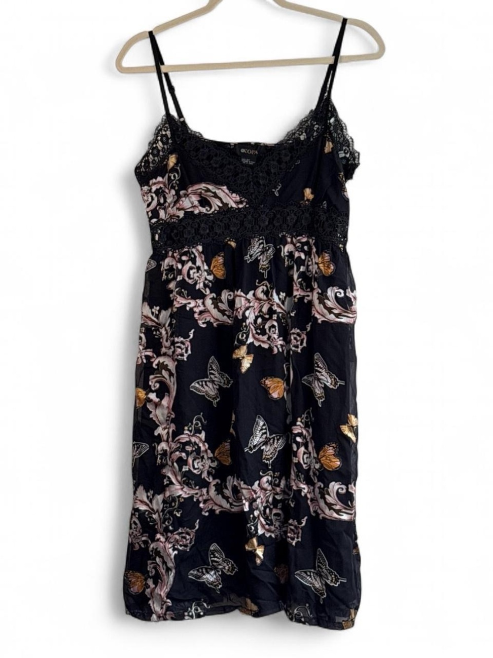 100% Silk Kopa Butterfly Print Black Babydoll Mini Dress Size L